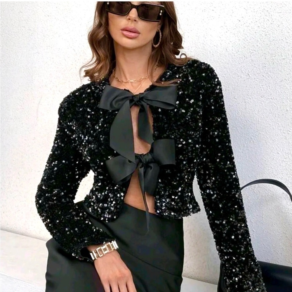 New H&M Sequined Bow-front Jacket